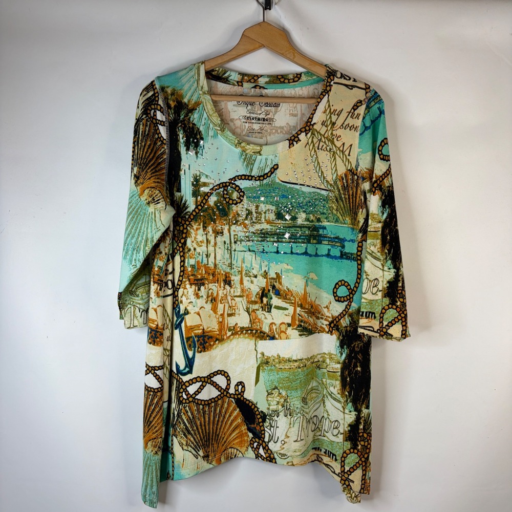 Onque Casuals Top Women XL Multicolor St Tropez Nautical Rhinestone 3/4 Sleeve